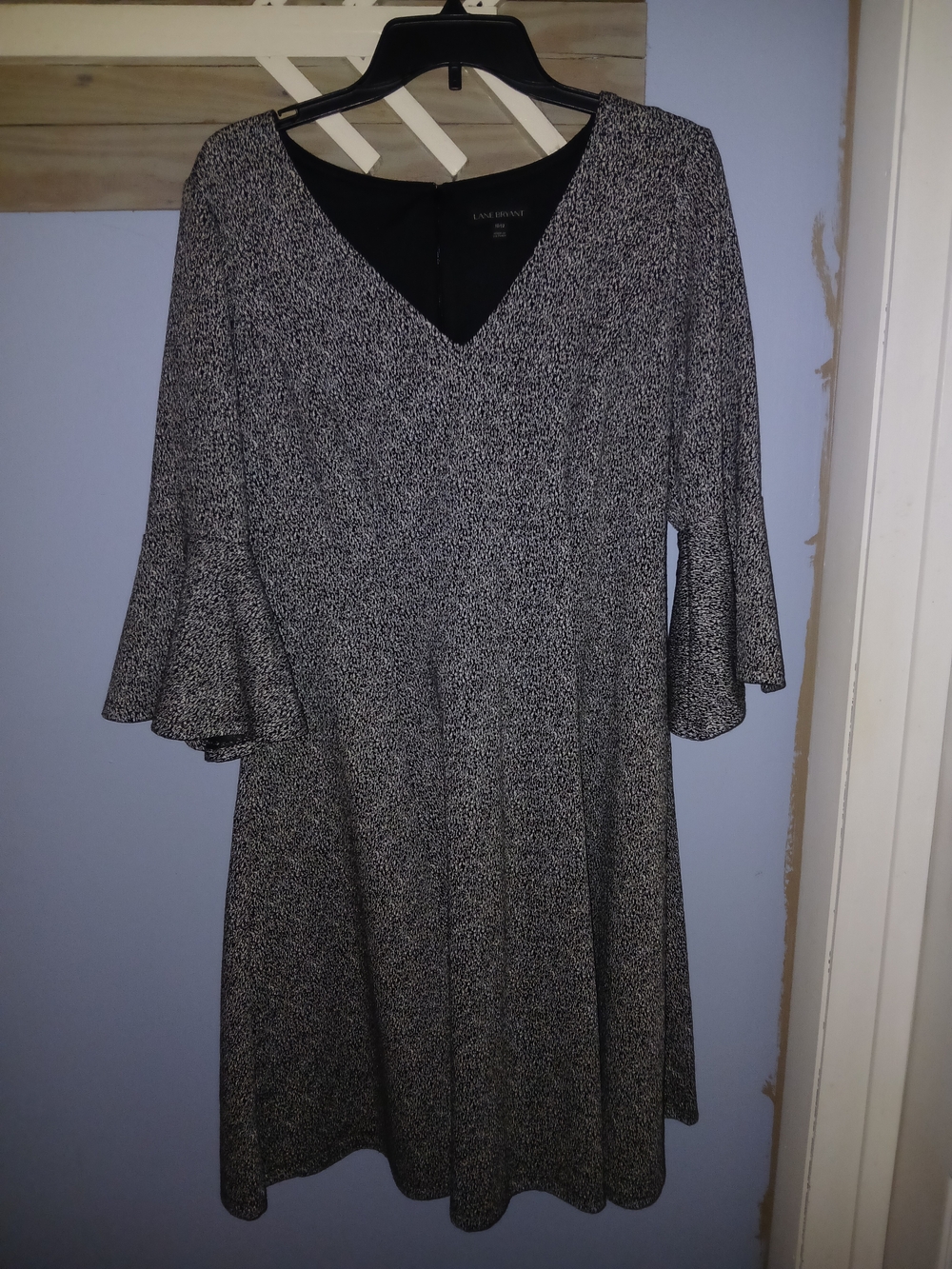 Lane Bryant Black & White V-Neck Midi Dress with Flared Sleeves